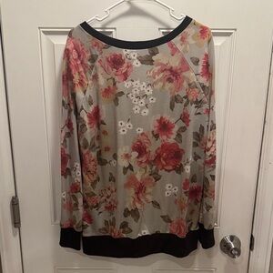 Honeyme Gray Floral Long-Sleeve Top with Black Trim